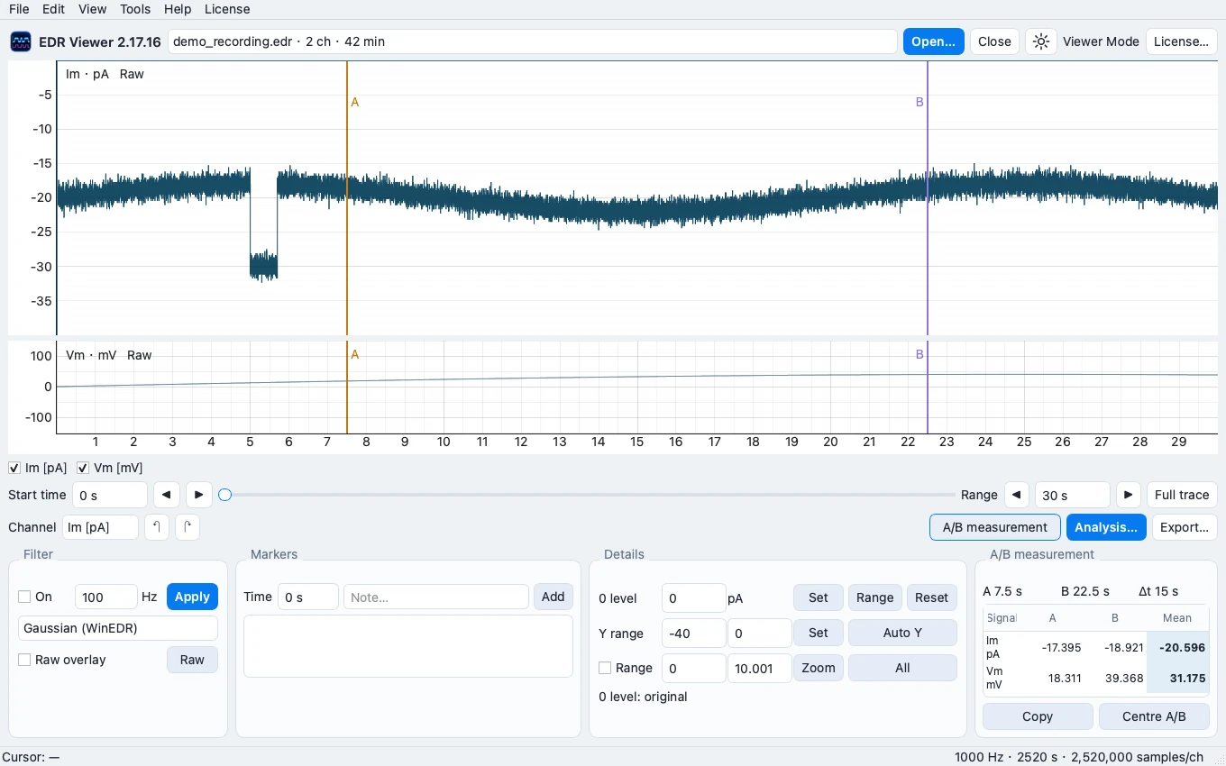 Synthetic two-channel recording in EDR Viewer Light Mode. This illustrates the viewer layout, not an EDR import validation.